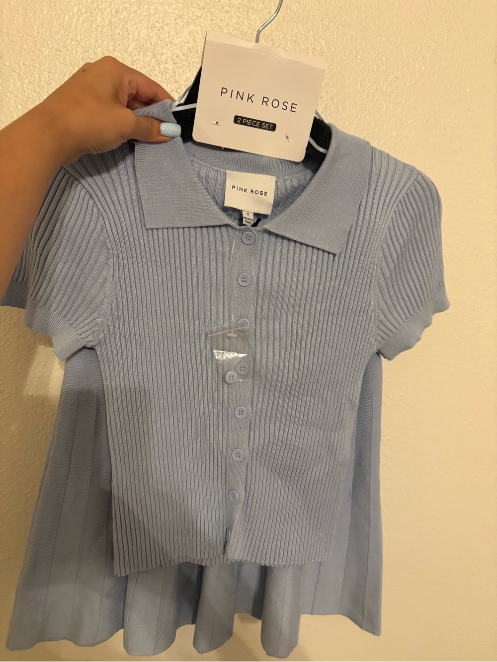 Pink Rose Light Blue Ribbed Polo Button-Down Top for Kids